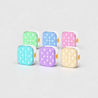Set of six square pool lights in two rows glowing six soft colors