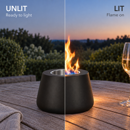 The same black tabletop fire pit on a patio table at dusk, unlit with the steel burn cup on the left and lit with a flame on the right