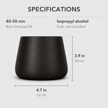 Tabletop fire pit specifications: 4.7 inches wide and 3.9 inches tall, 40 to 50 minutes per fill of isopropyl alcohol