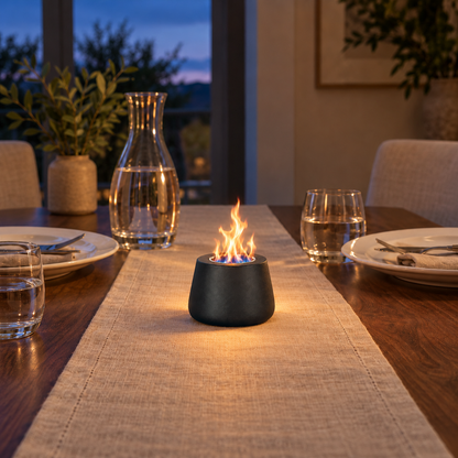 Black tabletop fire pit with a soft flame in the middle of a walnut dinner table in the evening