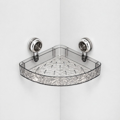 Gray see-through corner shower shelf with a rippled front and a slotted rippled floor, held in a light grey corner by two chrome suction cups