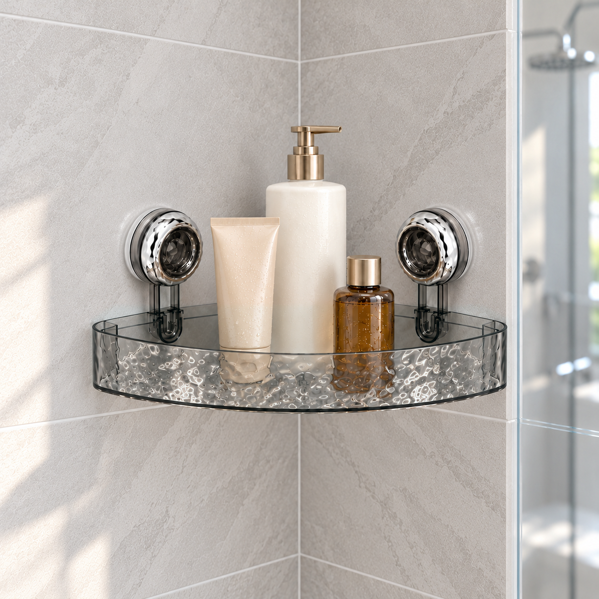 Gray suction corner shelf in a pale stone-tiled shower corner holding a pump bottle, a squeeze bottle and a small amber bottle