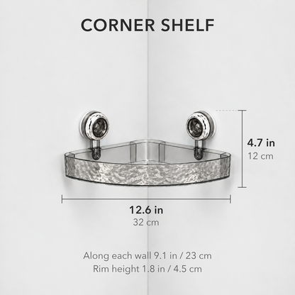 Size diagram titled Corner Shelf showing the gray corner shelf 12.6 in / 32 cm across the front and 4.7 in / 12 cm tall with its suction cups, 9.1 in / 23 cm along each wall, rim height 1.8 in / 4.5 cm