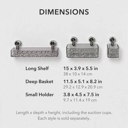 Size chart titled Dimensions showing the gray long shelf 15 x 3.9 x 5.5 in, the deep basket 11.5 x 5.1 x 8.2 in and the small holder 3.8 x 4.5 x 7.5 in side by side