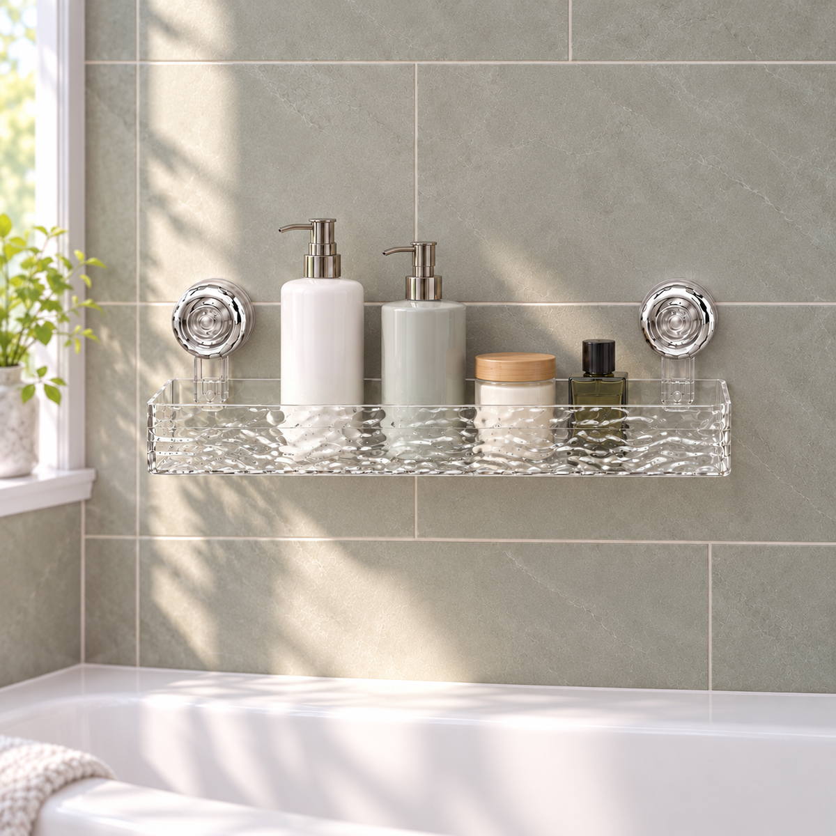 Clear rippled long suction shelf on sage-grey tiles above a bathtub, holding two pump bottles, a glass jar and a small bottle