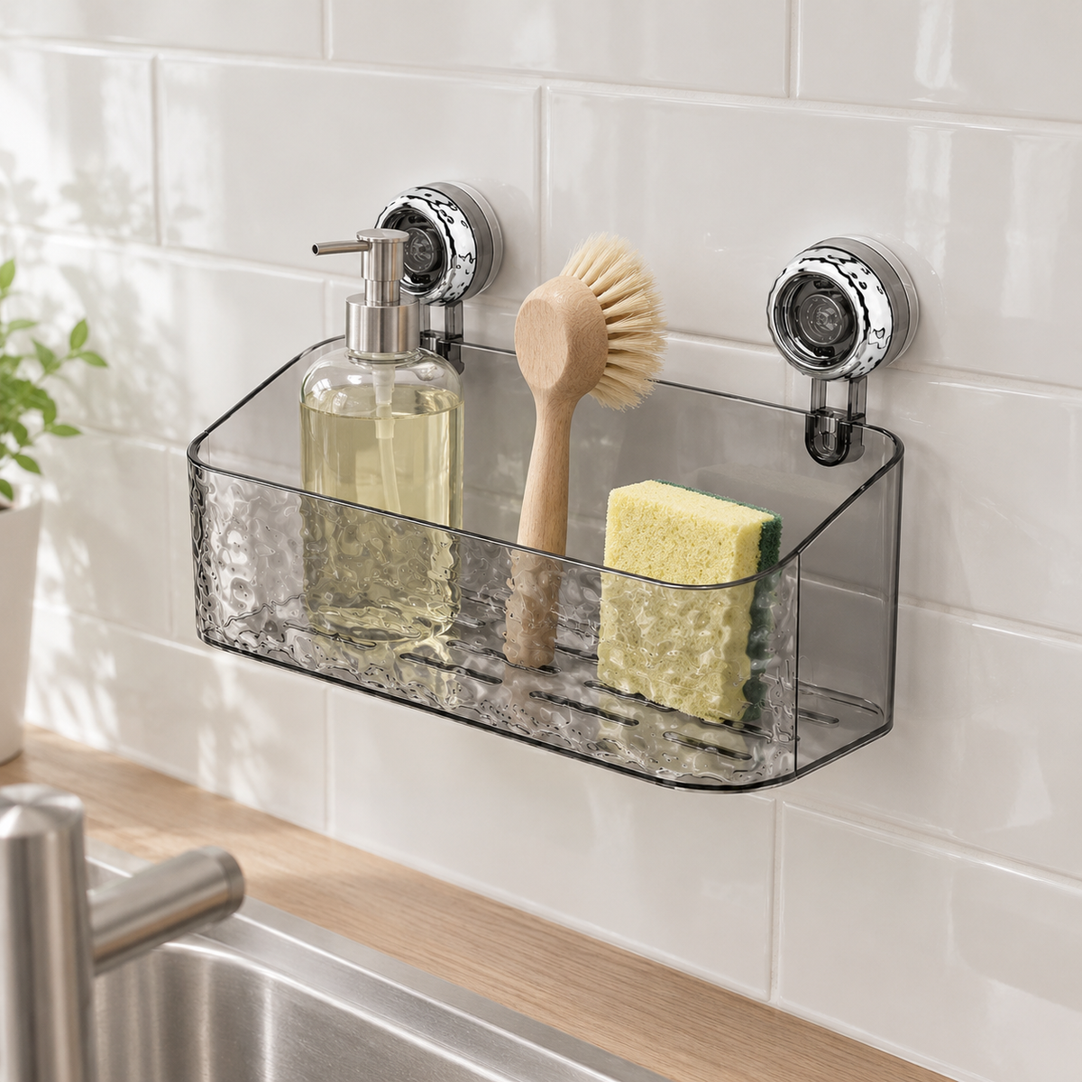 Gray suction deep basket on a white subway-tile kitchen backsplash above the sink, holding dish soap, a dish brush and a sponge