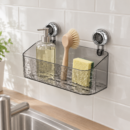 Gray suction deep basket on a white subway-tile kitchen backsplash above the sink, holding dish soap, a dish brush and a sponge