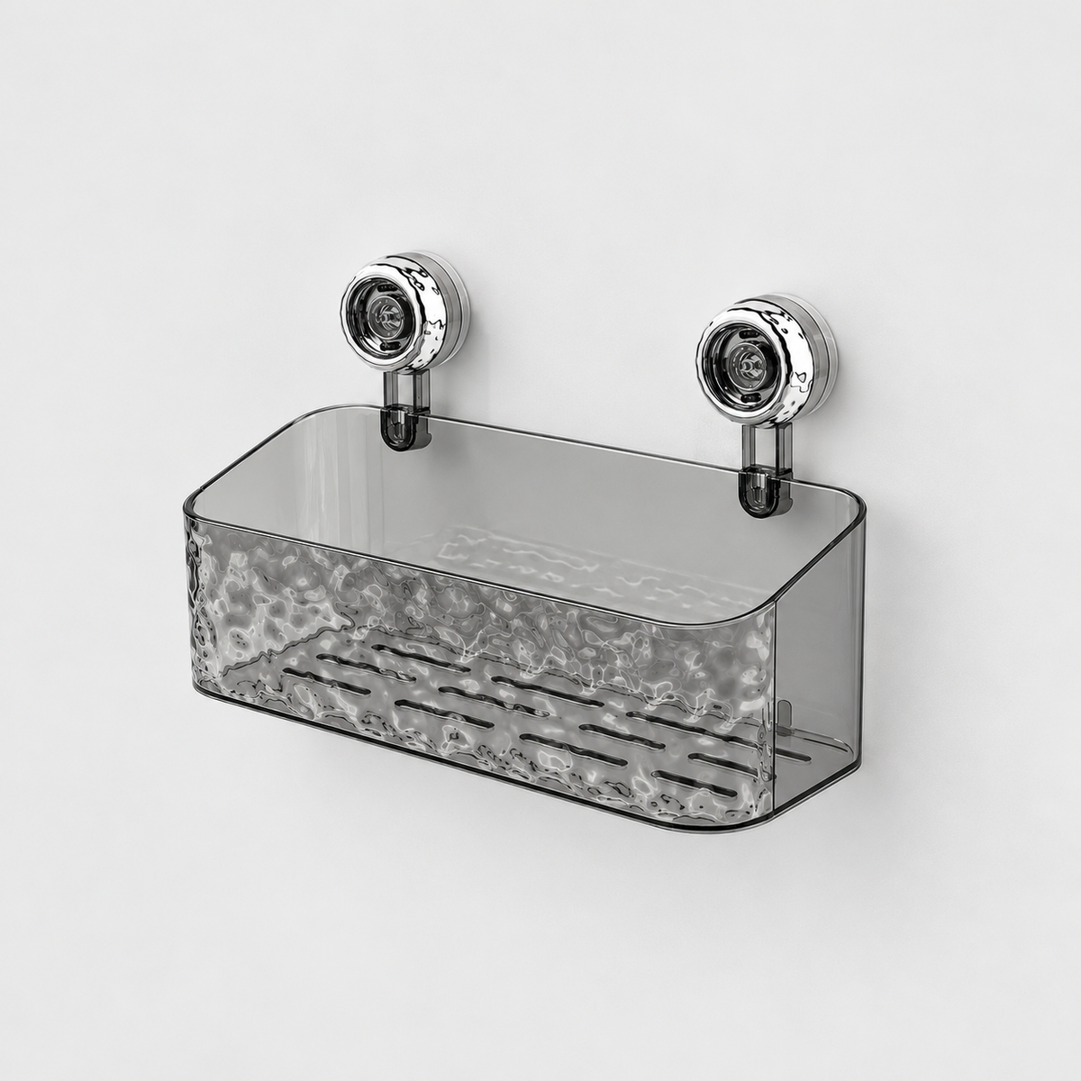 Gray see-through deep shower basket with a rippled front, flat sides that slope down to the front and two chrome suction cups