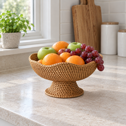 Rattan pedestal fruit bowl filled with oranges, green apples and red grapes on a kitchen counter by a window