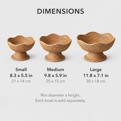Dimensions of the three rattan fruit bowl sizes: Small 8.3 x 5.5 inches, Medium 9.8 x 5.9 inches and Large 11.8 x 7.1 inches, each sold separately