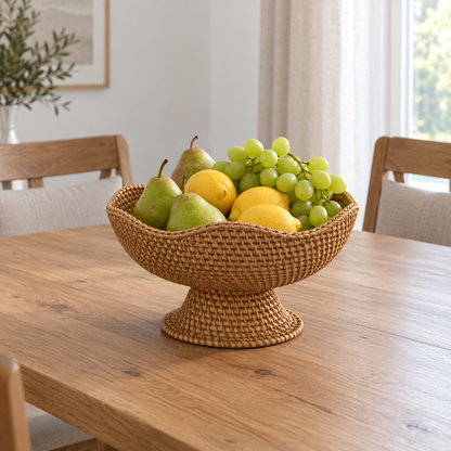 Large rattan fruit bowl with pears, lemons and green grapes as a centerpiece on an oak dining table