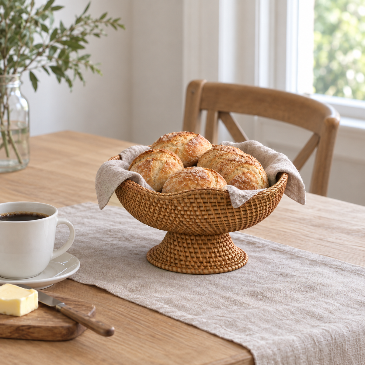 Rattan footed bowl lined with a linen napkin holding bread rolls on a breakfast table beside a cup of coffee