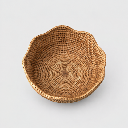 Looking down into the empty rattan bowl at its woven floor spiraling out from the center
