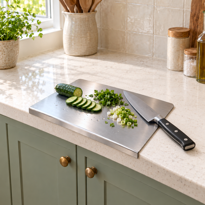 Stainless steel chopping board hooked over the edge of a kitchen counter with sliced vegetables and a chef's knife