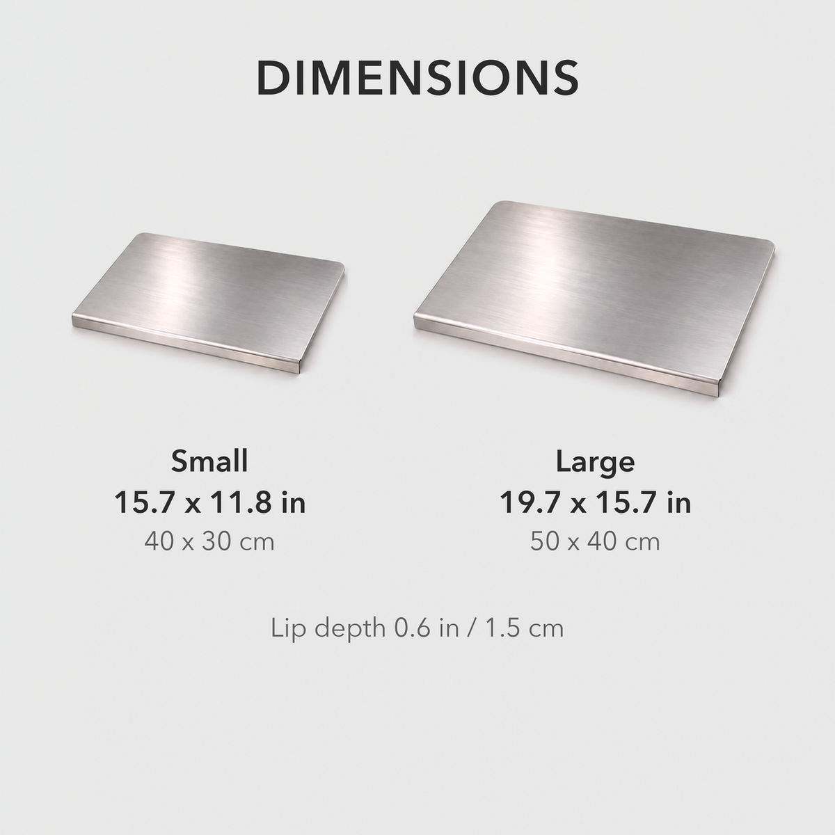 Small and Large stainless steel chopping boards side by side with their sizes