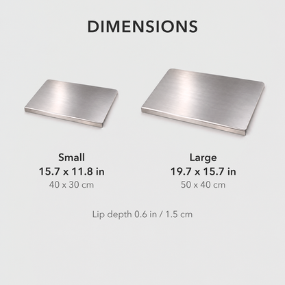Small and Large stainless steel chopping boards side by side with their sizes