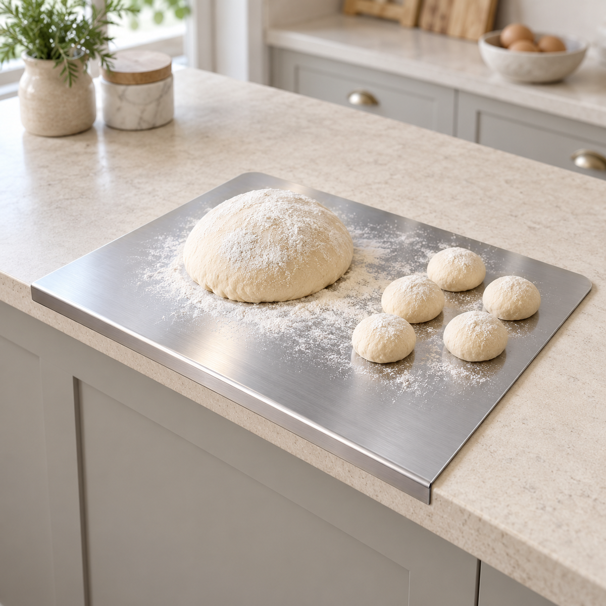 Bread dough and dough balls on a large stainless steel chopping board hooked over the edge of a limestone kitchen counter