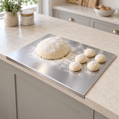 Bread dough and dough balls on a large stainless steel chopping board hooked over the edge of a limestone kitchen counter
