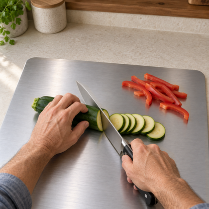 Hands slicing a zucchini with a chef's knife next to red pepper strips on a large stainless steel chopping board, seen from the cook's side
