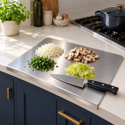 Large steel chopping board holding four piles of chopped vegetables and herbs