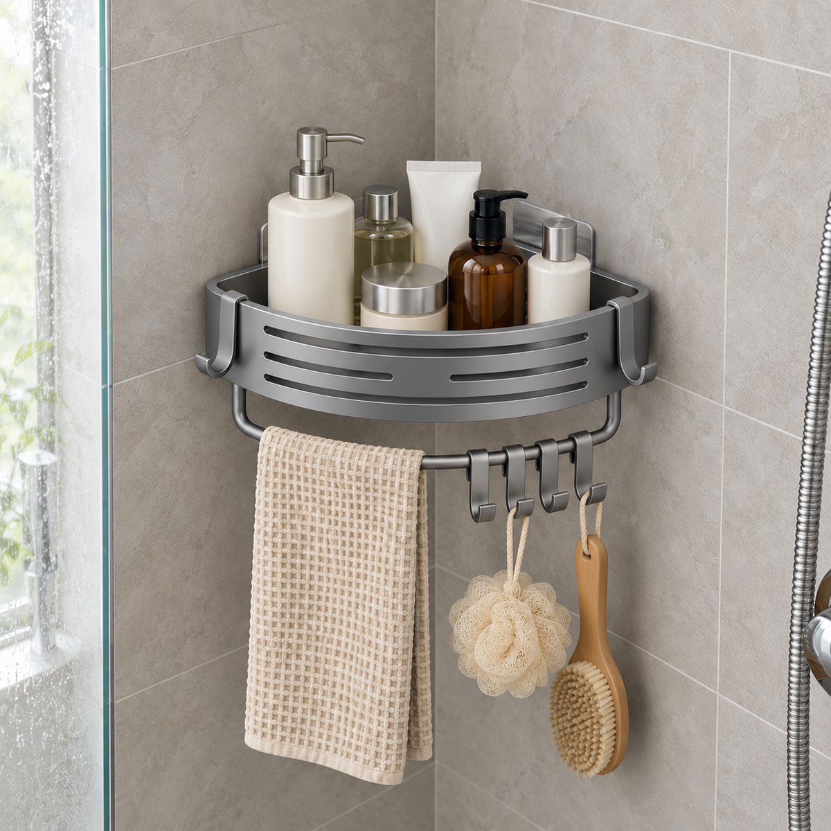 Gray aluminum corner basket holding shampoo bottles in a tiled shower corner, a beige towel over the bar below it and a loofah and a brush on its sliding hooks