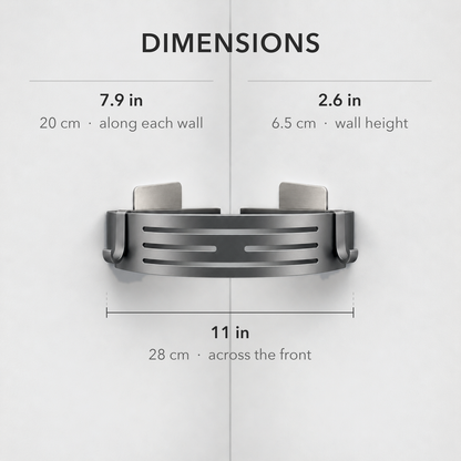 Dimension diagram titled Dimensions showing the gray corner basket front-on, 11 in / 28 cm across the front, 7.9 in / 20 cm along each wall and a wall height of 2.6 in / 6.5 cm