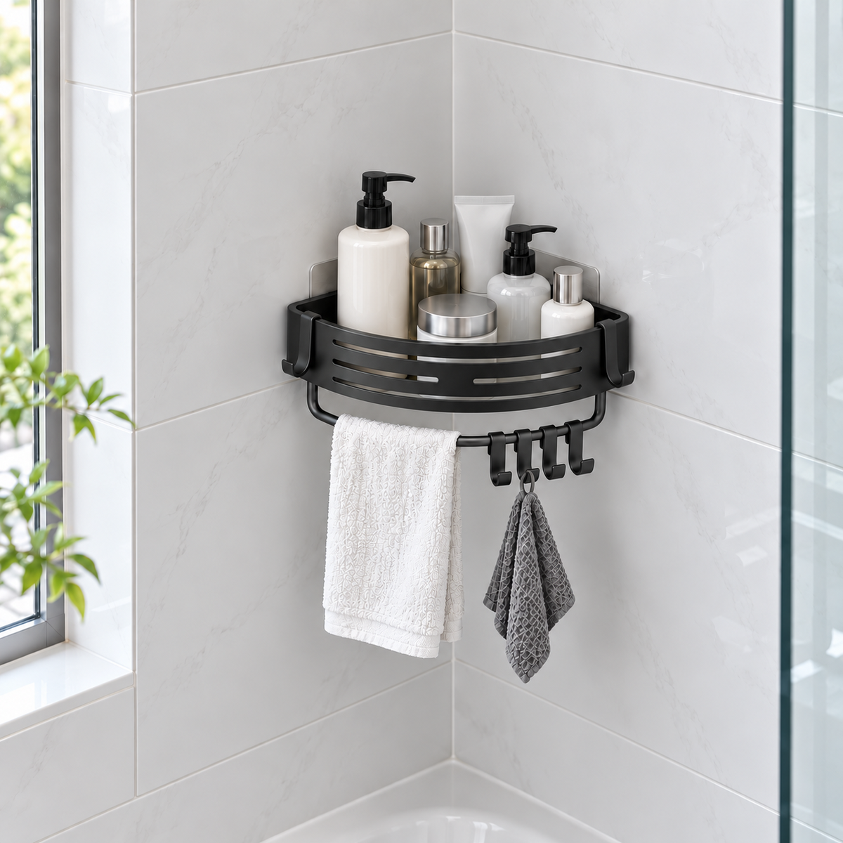 Matte black corner shower basket with a towel bar and hooks in a white tiled bathtub corner, holding bottles, with a white towel over the bar