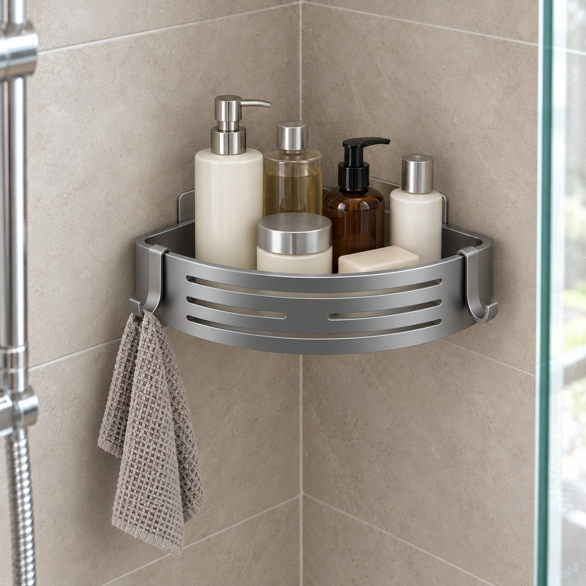 Gray corner shower basket without a towel bar in a small shower stall, holding bottles, with a washcloth on the hook at its end
