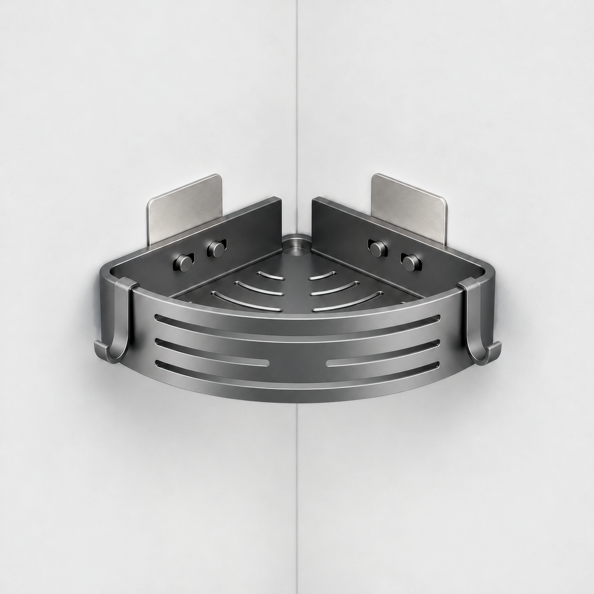 Gray aluminum corner shower basket with a slotted curved front and a hook at each end, no towel bar, hung in a light grey corner