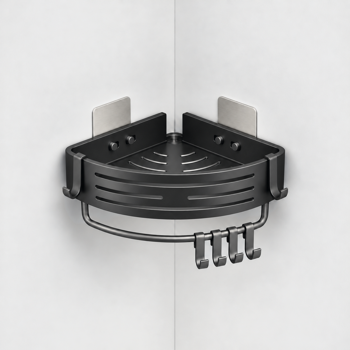 Matte black aluminum corner shower basket with a towel bar and four hooks underneath, hung in a light grey corner