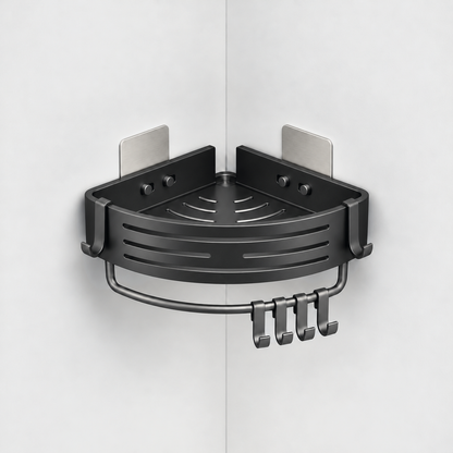 Matte black aluminum corner shower basket with a towel bar and four hooks underneath, hung in a light grey corner