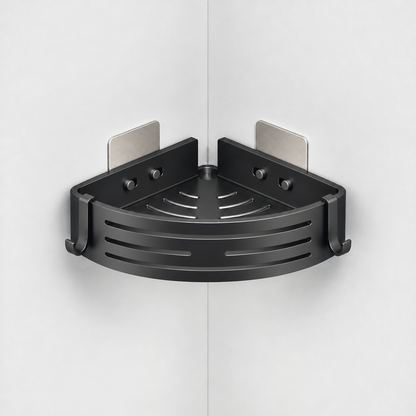 Matte black aluminum corner shower basket with a slotted curved front and a hook at each end, no towel bar, hung in a light grey corner