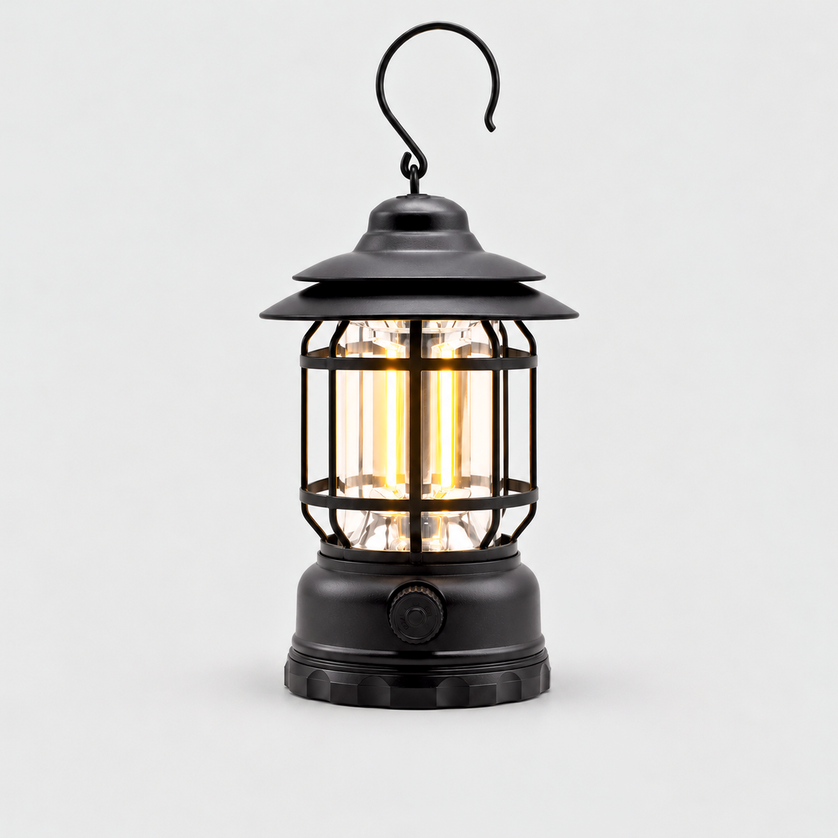 Black rechargeable vintage LED lantern with a two-tier hat, black cage and S-hook, glowing warm white