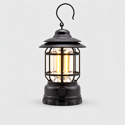 Black rechargeable vintage LED lantern with a two-tier hat, black cage and S-hook, glowing warm white