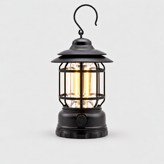 Black rechargeable vintage LED lantern with a two-tier hat, black cage and S-hook, glowing warm white