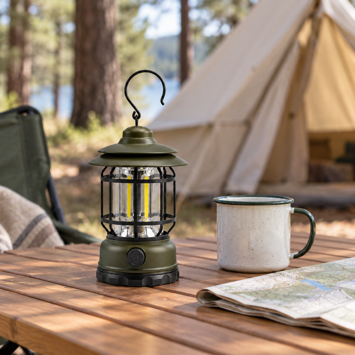 Army green vintage lantern switched off on a wooden camp table beside a canvas tent
