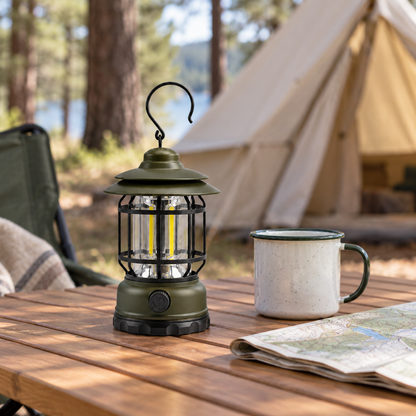 Army green vintage lantern switched off on a wooden camp table beside a canvas tent