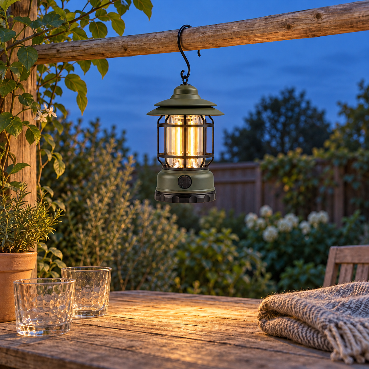 Green vintage lantern hanging by its S-hook from a pergola rail, glowing over a garden table at dusk