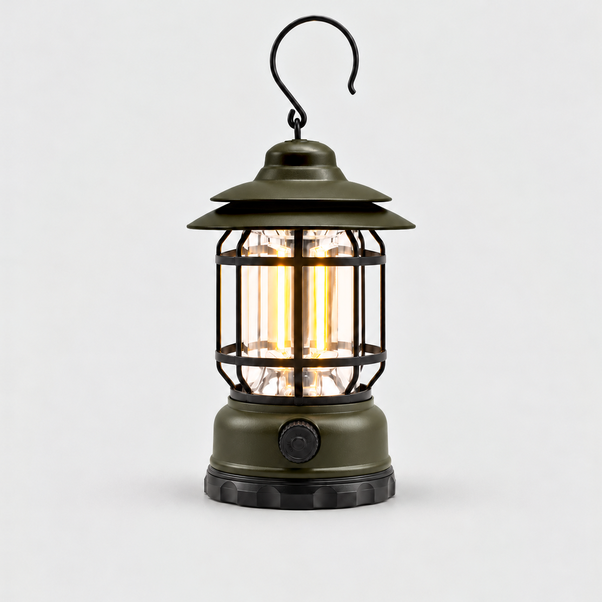 Army green rechargeable vintage LED lantern with a black cage and S-hook, glowing warm white