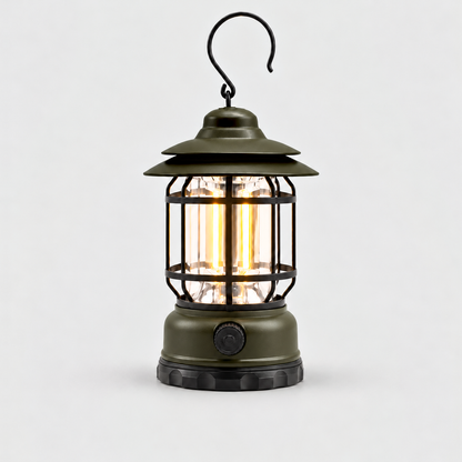 Army green rechargeable vintage LED lantern with a black cage and S-hook, glowing warm white