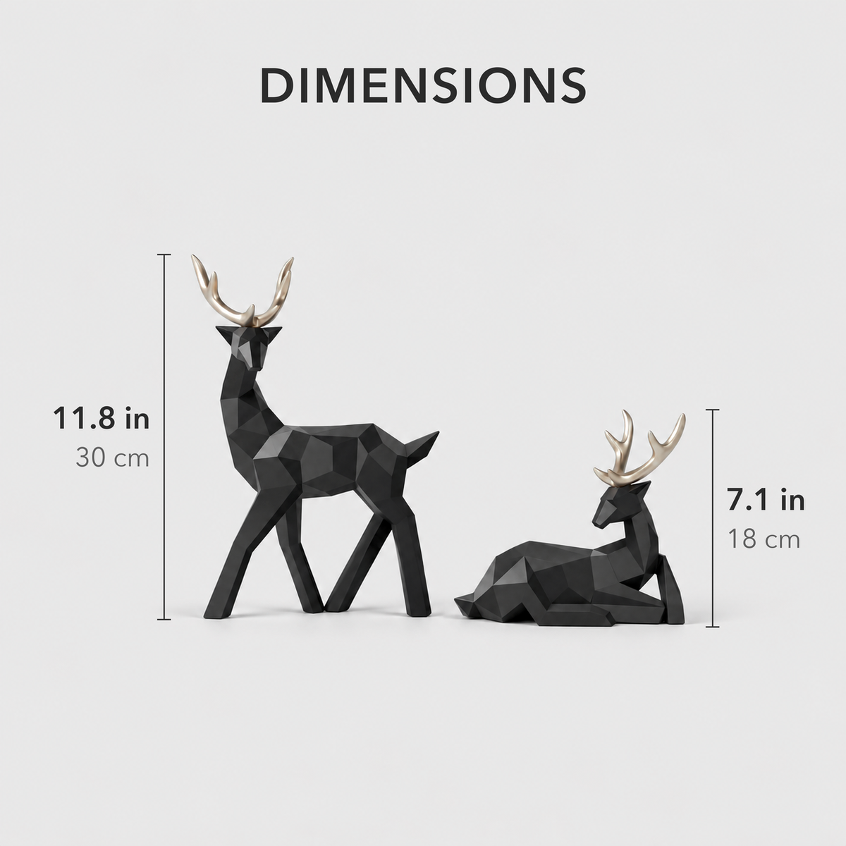 Dimensions of the reindeer sculptures: the standing reindeer is 11.8 inches tall and the lying reindeer is 7.1 inches tall