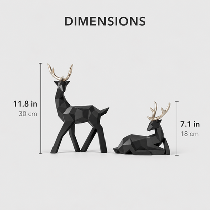 Dimensions of the reindeer sculptures: the standing reindeer is 11.8 inches tall and the lying reindeer is 7.1 inches tall