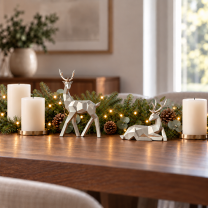 Gold geometric reindeer sculptures set apart along a dining table runner, the lying one looking back at the standing one, among eucalyptus and unlit ivory candles