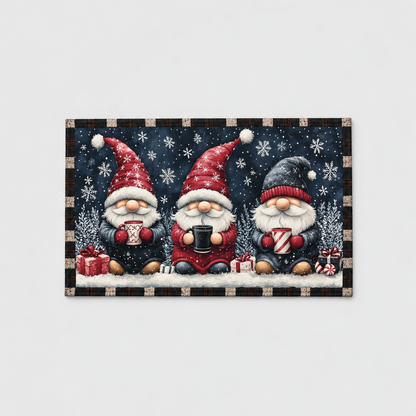 Christmas gnome door mat with three gnomes in red hats on a navy snowy background, on a light gray background