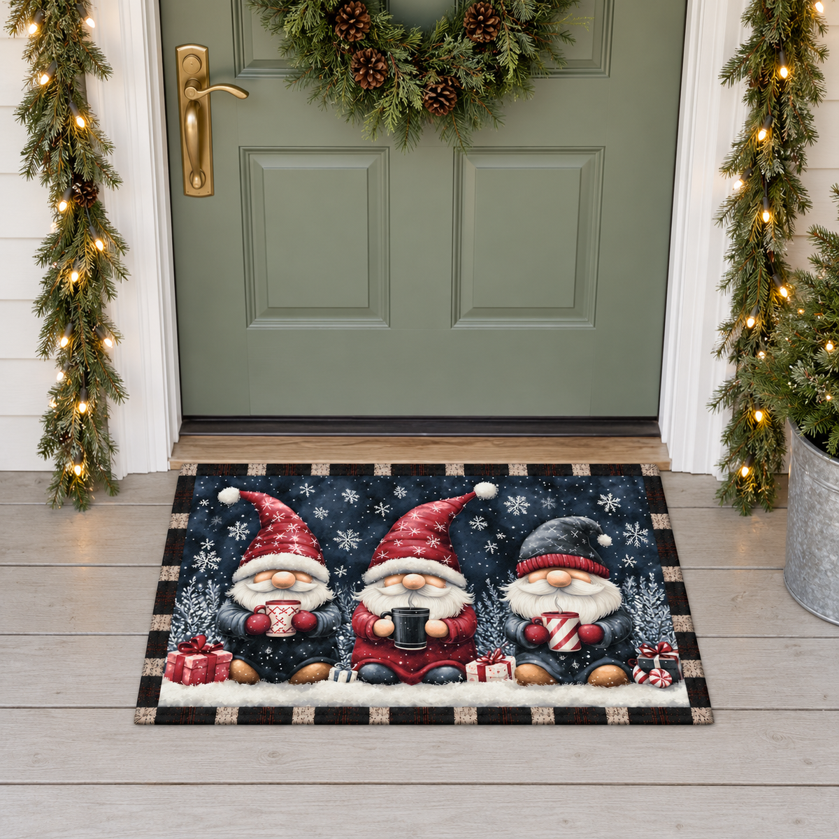 Christmas gnome door mat on a covered front porch in front of a sage green door with a Christmas wreath