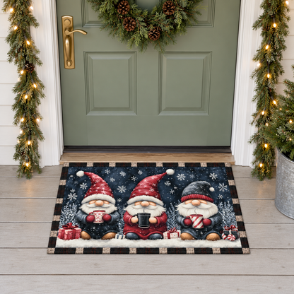Christmas gnome door mat on a covered front porch in front of a sage green door with a Christmas wreath
