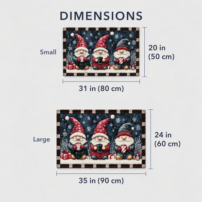 Dimensions of the Christmas gnome door mat: small 20 by 31 inches and large 24 by 35 inches
