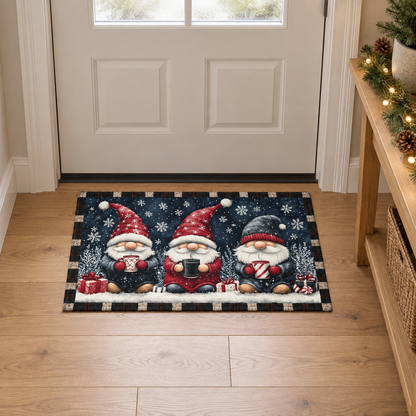 Small Christmas gnome door mat inside a white front door on a pale oak hallway floor