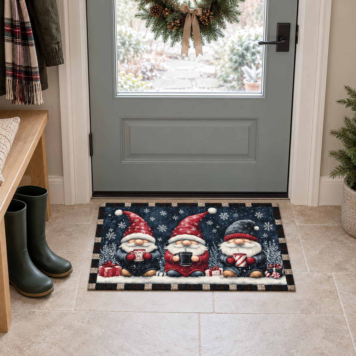 Gnome Christmas door mat at a mudroom back door on pale limestone floor tiles beside a pair of boots