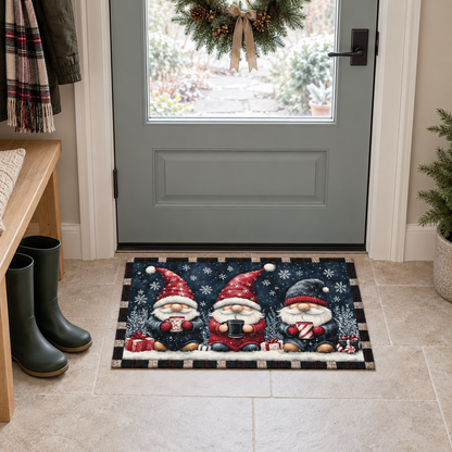 Gnome Christmas door mat at a mudroom back door on pale limestone floor tiles beside a pair of boots